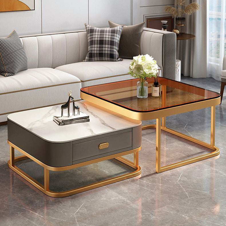 Modern Luxury Square Glass Top Nesting Coffee Table Drawer For Living Room