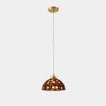 Traditional Japanese Brass Stained Glass Half Round Shell Design 1-Light Pendant Light For Bedroom