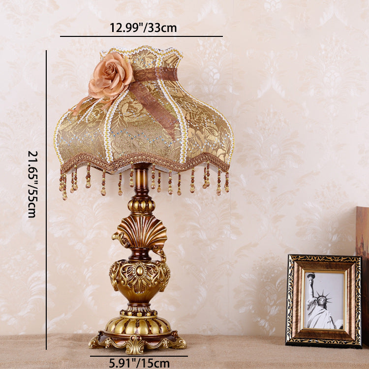 Traditional European Pastoral Flower Pattern Fabric Shade Resin Carved Base 1-Light Table Lamp For Home Office