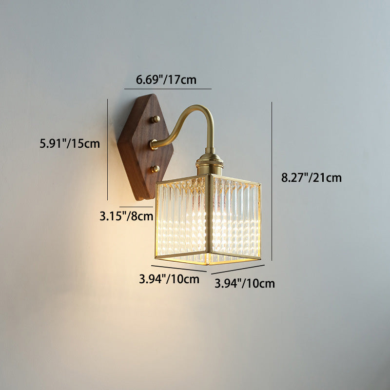 Traditional Vintage Square Copper Glass Wood 1-Light Wall Sconce Lamp For Bedroom