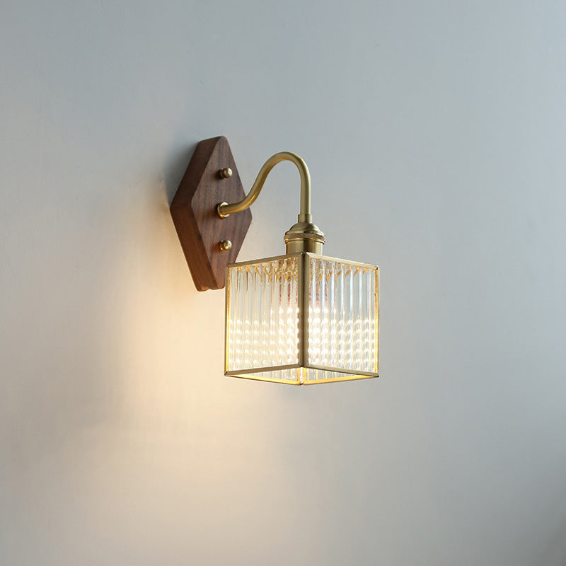 Traditional Vintage Square Copper Glass Wood 1-Light Wall Sconce Lamp For Bedroom