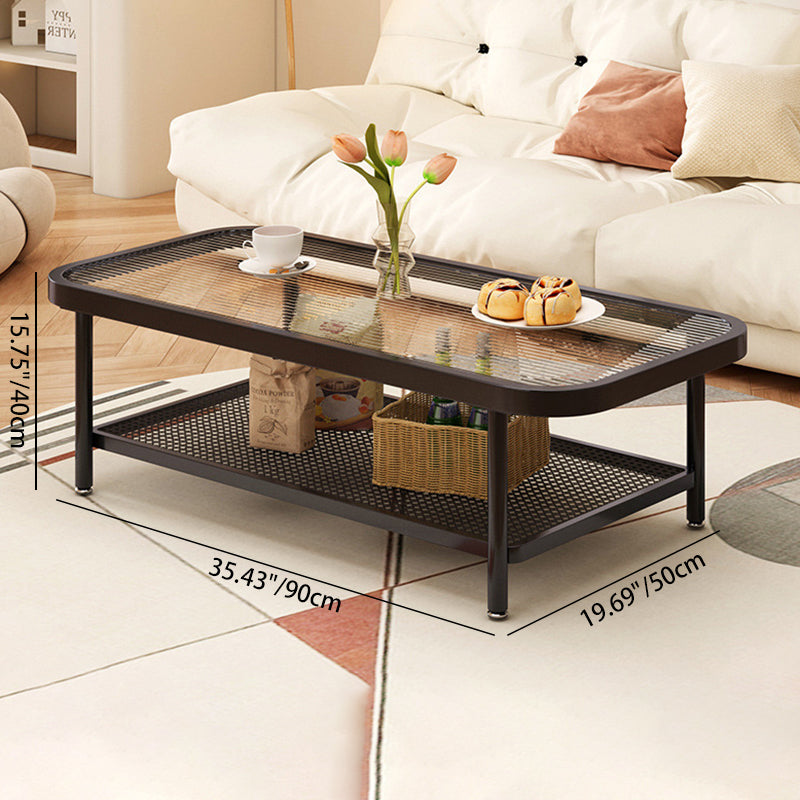 Modern Minimalist Rectangular Glass Carbon Steel Coffee Table 2-Tier For Living Room