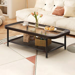 Modern Minimalist Rectangular Glass Carbon Steel Coffee Table 2-Tier For Living Room