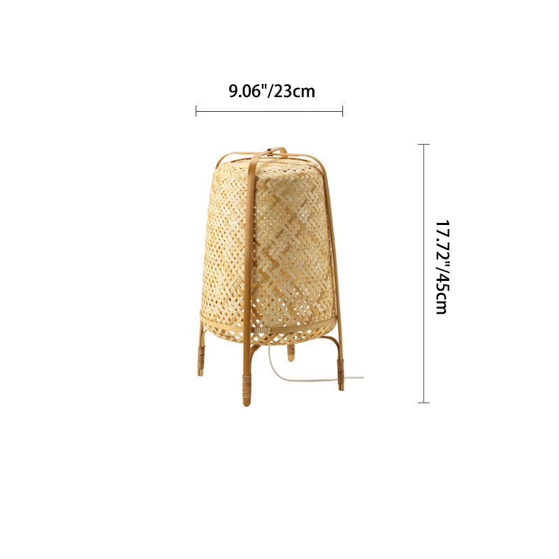 Traditional Japanese Cylindrical Hand-Woven Bamboo 1-Light Standing Floor Lamp For Bedroom