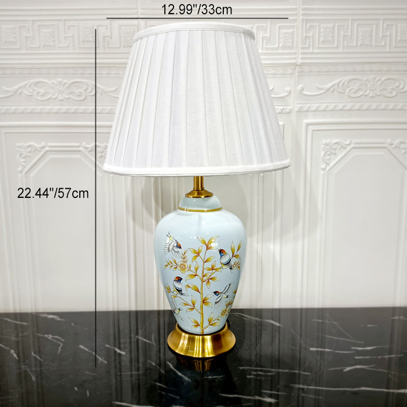 Traditional Chinese Cylinder Bird And Flower Ceramic Fabric 1-Light Table Lamp For Bedroom