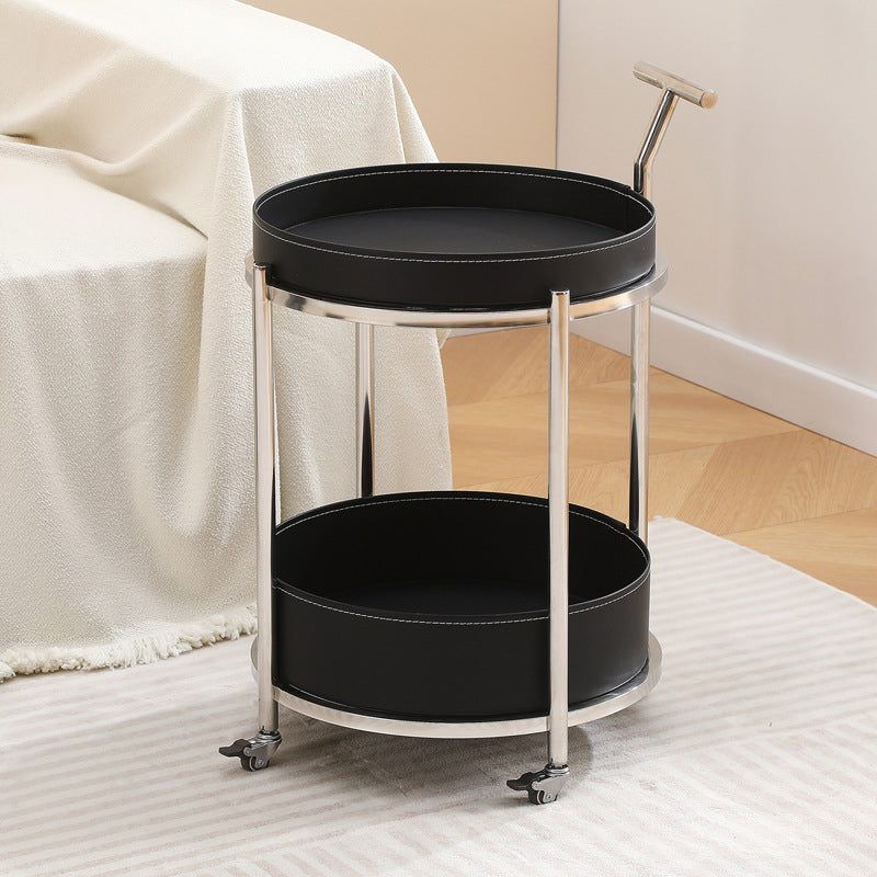 Contemporary Creative Round Stainless Steel Leather End Table 2-Tier For Living Room