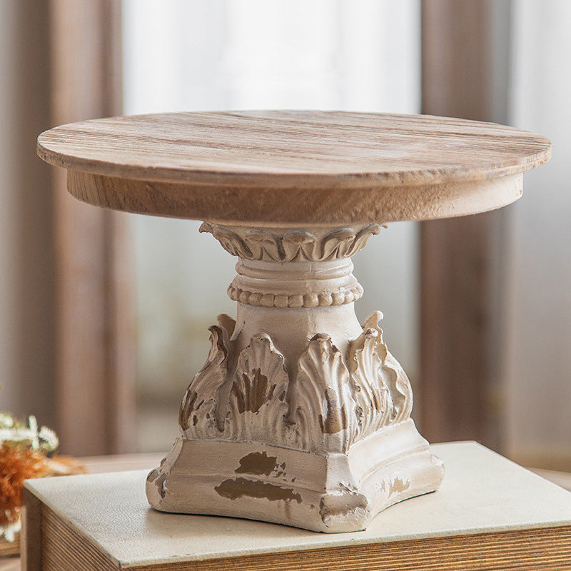 Traditional Vintage Round Column Carved Cedar Magnesium Oxide Tray Side Table For Dining Room