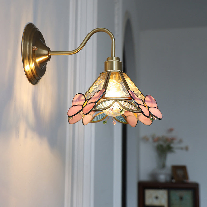 Traditional Vintage Colorful Butterfly Decorative Tapered Glass Shade Brass 1-Light Wall Sconce Lamp For Bedroom