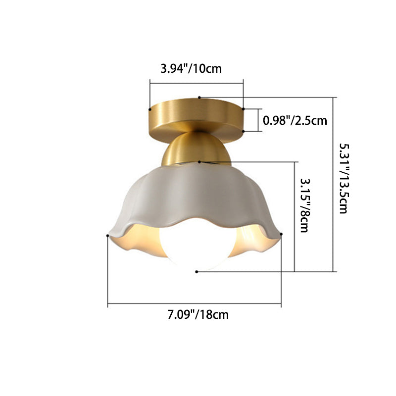 Modern Minimalist Copper Ceramic Flower 1-Light Semi-Flush Mount Ceiling Light For Hallway