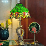 Traditional Tiffany Peacock Glass Copper 2-Light Table Lamp For Bedroom