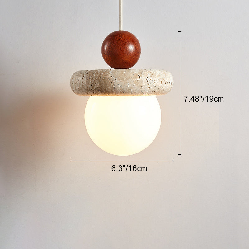 Traditional Japanese Wabi Sabi Solid Wood Travertine Round 1-Light Pendant Light For Living Room