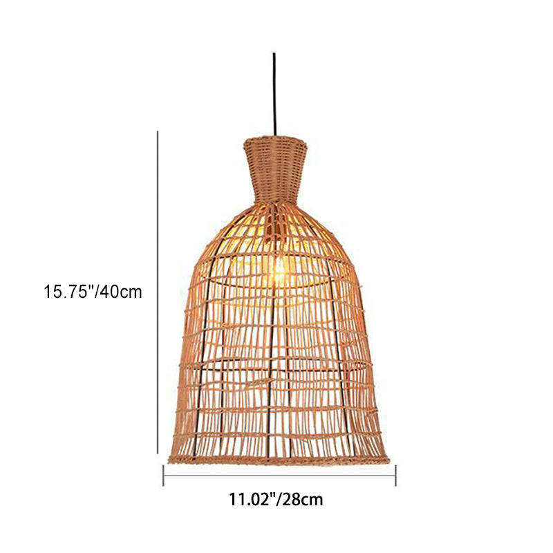 Traditional Japanese Round Bell Rattan Mesh Shade 1-Light Pendant Light For Living Room