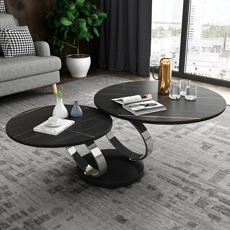 Contemporary Nordic Round Slab Stainless Steel Coffee Table 2-Shelf For Living Room