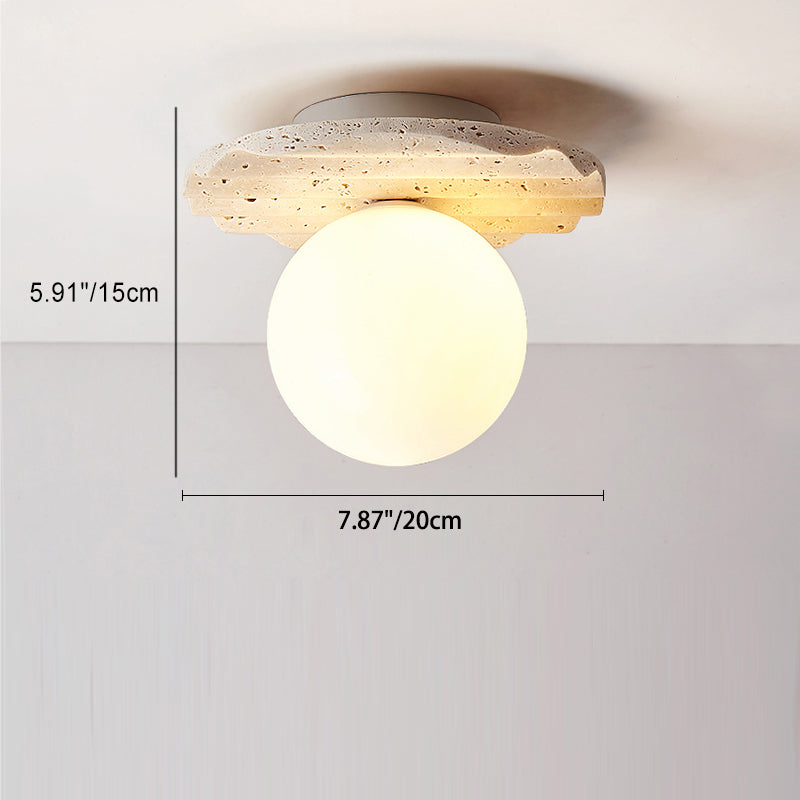 Traditional Japanese Yellow Travertine Spherical Glass Shade 1-Light Semi-Flush Mount Ceiling Light For Living Room