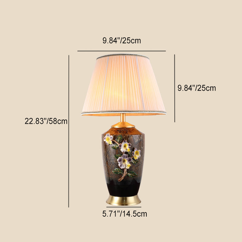 Traditional Vintage Peach Blossom Vase Shaped Ceramic Copper Fabric 1-Light Table Lamp For Bedroom