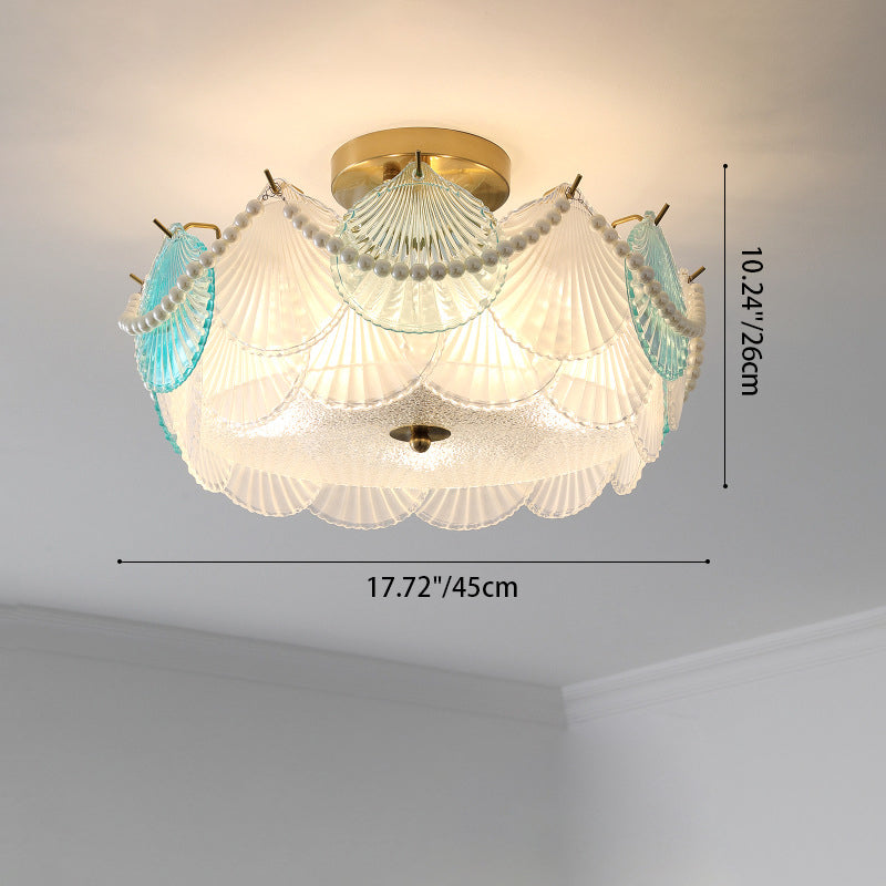 Traditional French Shell Textured Glass Round Shade Pearl Decor 5/8-Light Semi-Flush Mount Ceiling Light For Living Room