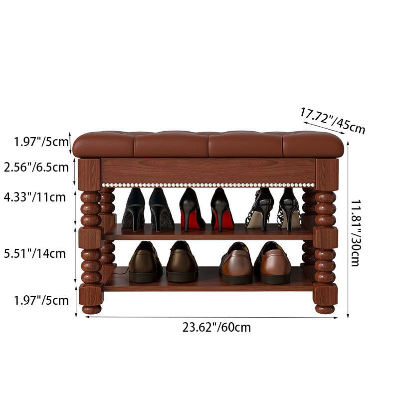 Traditional Vintage Rectangular Round Ball Microfiber Leather Solid Wood Shoe Storage 2-Shelf For Entryways