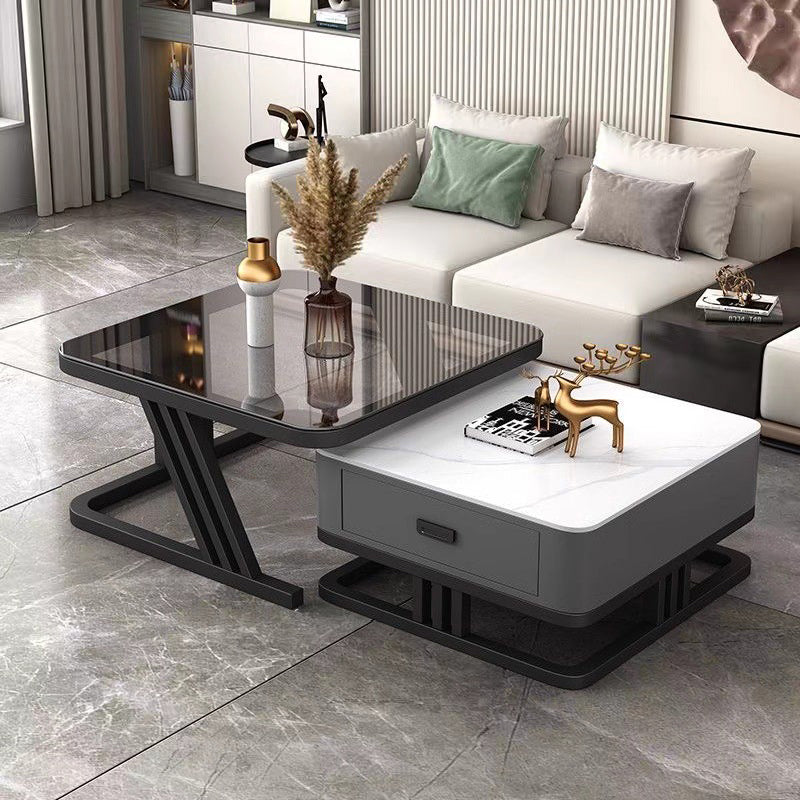 Modern Luxury Board Top Iron Frame Square Nesting Coffee Table Drawer For Living Room