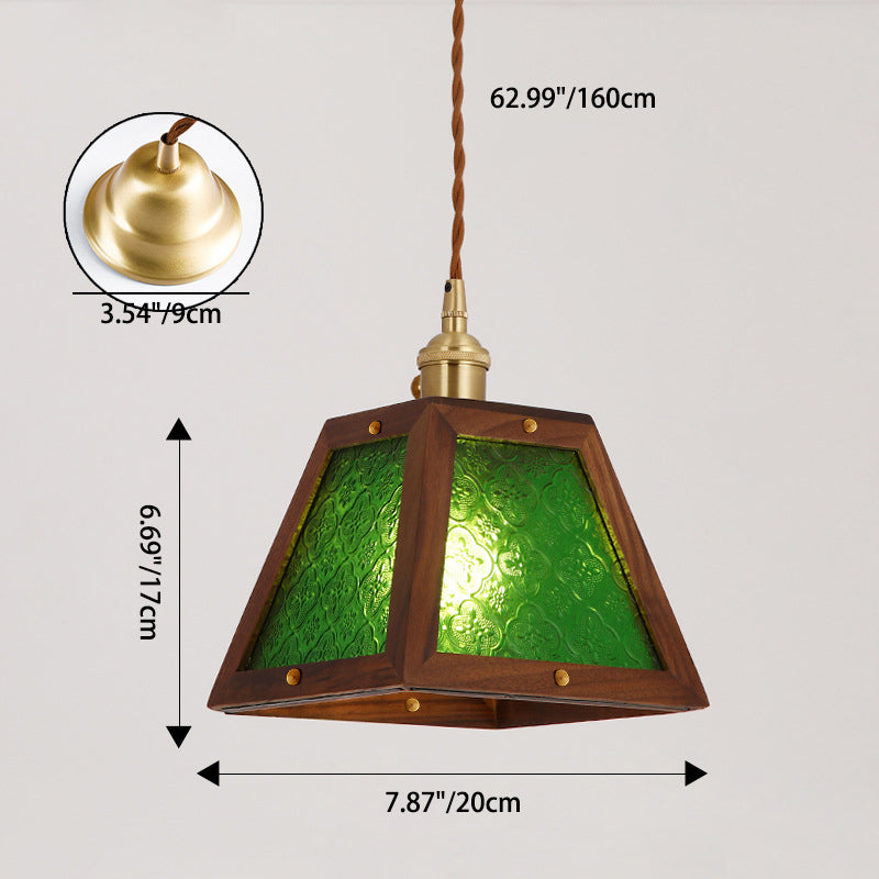 Traditional Chinese Trapezoidal Wood Floral Glass Shade 1-Light Pendant Light For Bedroom