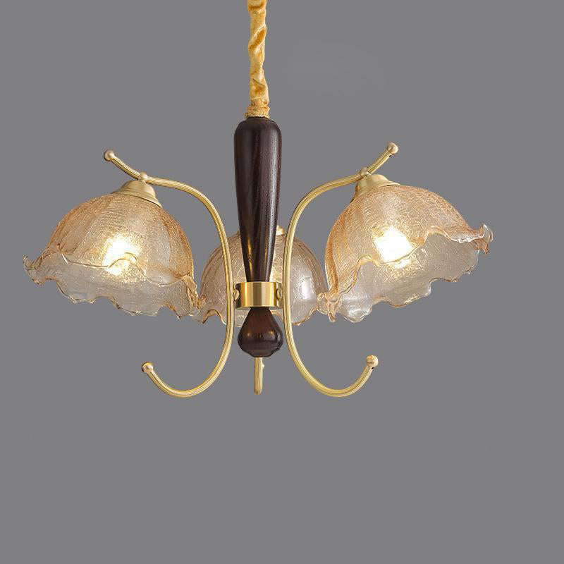 Traditional Vintage Floral Copper Wood Glass 3/5 Light Chandelier For Living Room