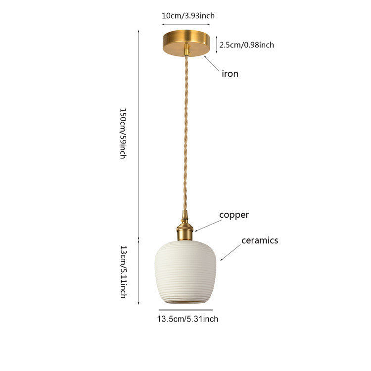 Contemporary Nordic Irregular Cylinder Stripe Ceramic Copper 1-Light Pendant Light For Living Room