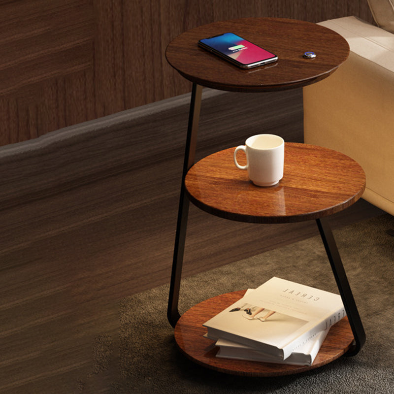 Contemporary Nordic Round Walnut Marble Iron Nightstand Mobile Phone Wireless Charging 2-Tier For Bedside