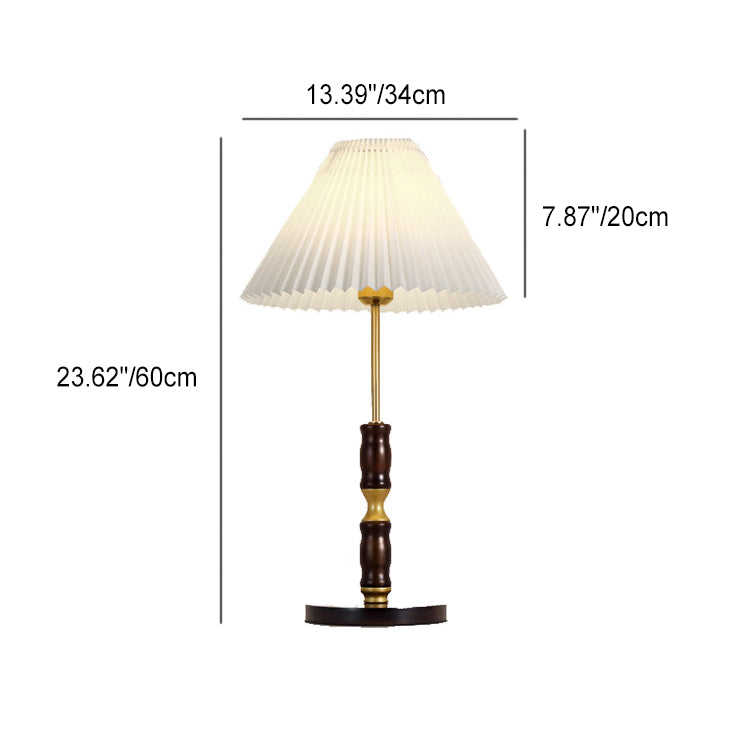 Traditional Vintage Pleated Cone Ironwood Fabric 1-Light Table Lamp For Bedroom