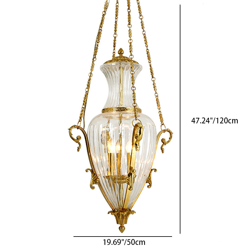 Contemporary Luxury Engraved Full Copper Glass Tapered Shade 4-Light Chandelier For Living Room