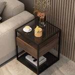 Modern Minimalist Square Marble Glass Iron End Table 2-Tier For Living Room