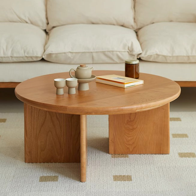 Contemporary Nordic Round Rock Board Wood Base Coffee Table For Living Room