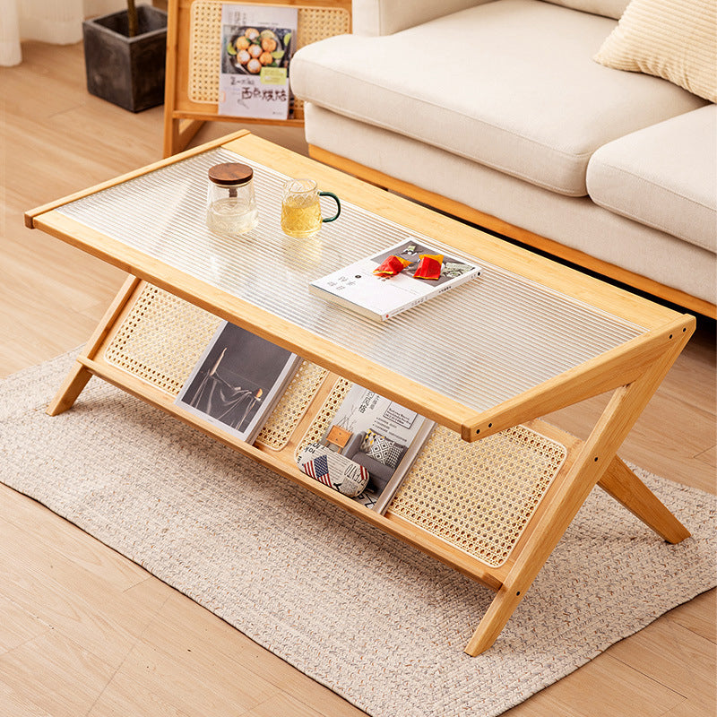 Traditional Japanese Rectangle Z-Shape Wood Glass Rattan Coffee Table For Living Room