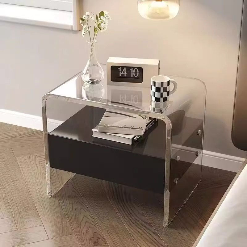 Modern Minimalist Rectangular Acrylic Wood Metal Nightstand 1-Shelf For Bedroom