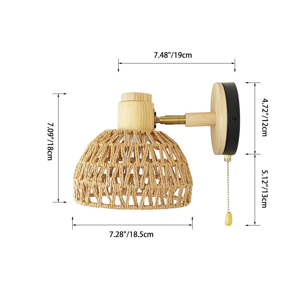 Traditional Farmhouse Paper Rattan Weaving Hollow Out Dome 1-Light Wall Sconce Lamp For Bedroom