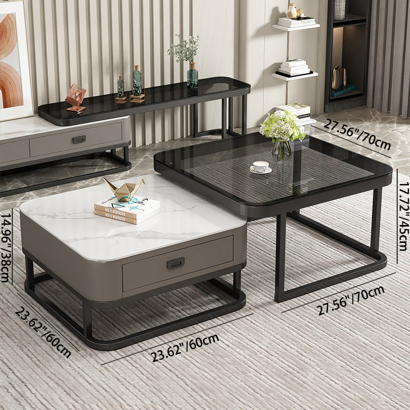 Modern Minimalist Square Rock Slab Glass Metal Combination Coffee Table 1-Drawer For Living Room