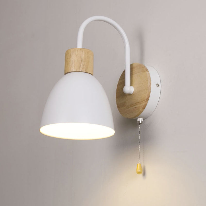 Modern Minimalist Macaron Curved Pole Round Cup Iron Wood 1-Light Wall Sconce Lamp For Bedroom