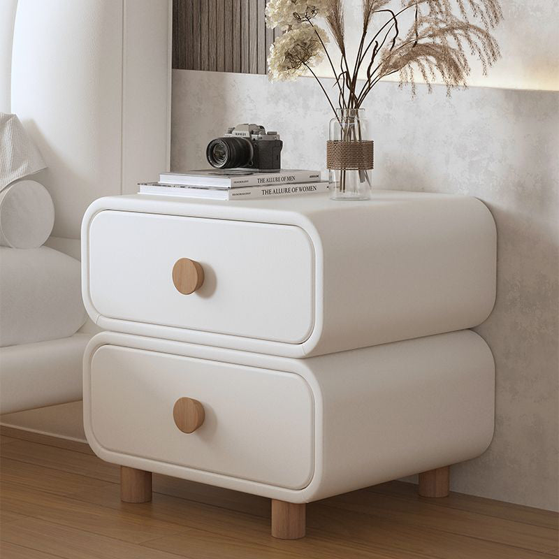 Contemporary Scandinavian Square Tabletop Solid Wood Microfiber Leather Stainless Steel Nightstand 2-Drawer For Bedroom