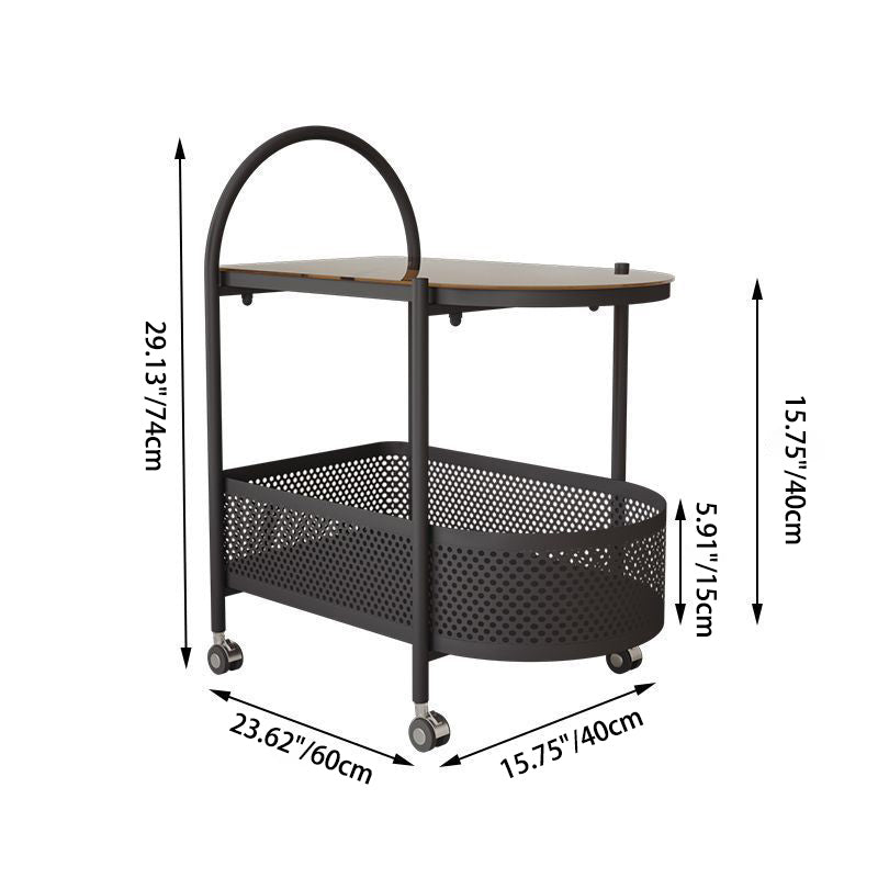 Contemporary Simplicity Round Glass Top Rolling Side Table 2-Tier Storage Iron Basket For Living Room