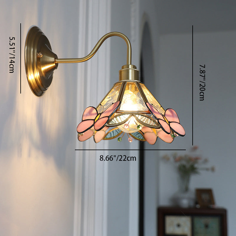 Traditional Vintage Colorful Butterfly Decorative Tapered Glass Shade Brass 1-Light Wall Sconce Lamp For Bedroom