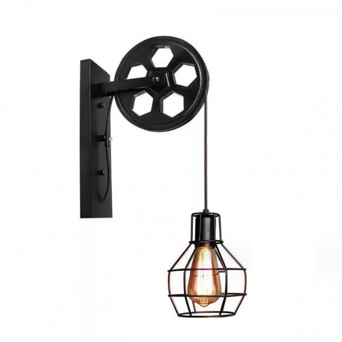 Traditional Vintage Iron Cage Pulley Liftable 1-Light Wall Sconce Lamp For Dining Room