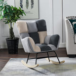 Contemporary Nordic Patchwork Linen Upholstered Rocking Chair Armrest Backrest For Living Room