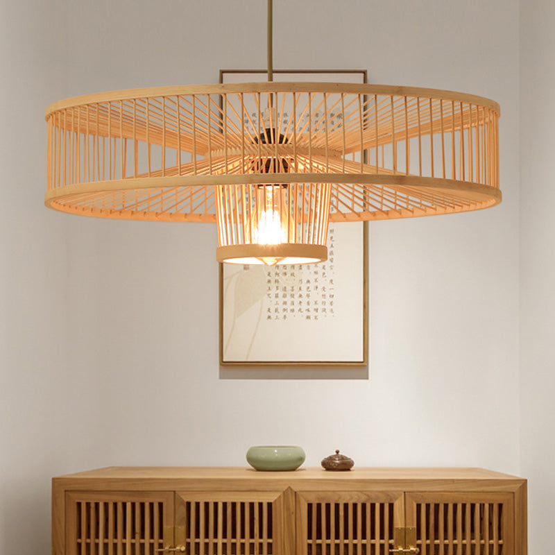 Traditional Chinese Bamboo Weaving Round 1-Light Pendant Light For Dining Room