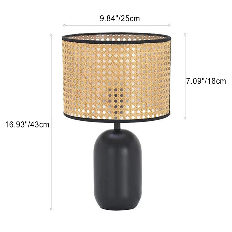 Traditional Japanese Round Cylinder Rattan Mesh Shade Metal 1-Light Table Lamp For Living Room