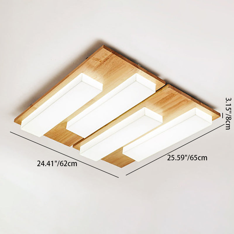 Traditional Japanese Acrylic Rectangular Block Combination Wood LED Flush Mount Ceiling Light For Bedroom