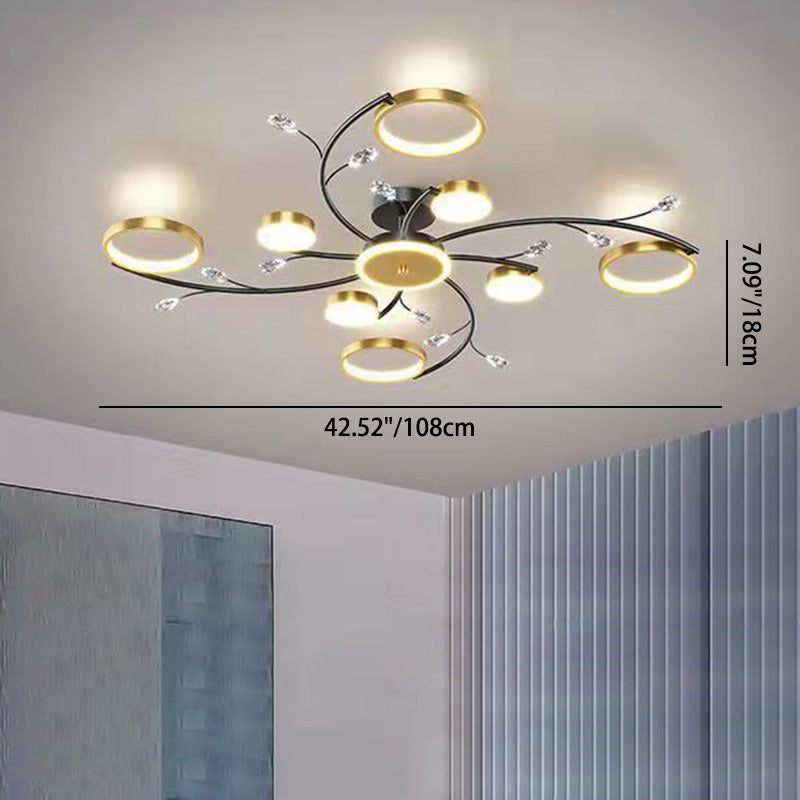 Modern Luxury Branch Round Hardware Iron Acrylic Crystal Silicone LED Semi-Flush Mount Ceiling Light For Living Room