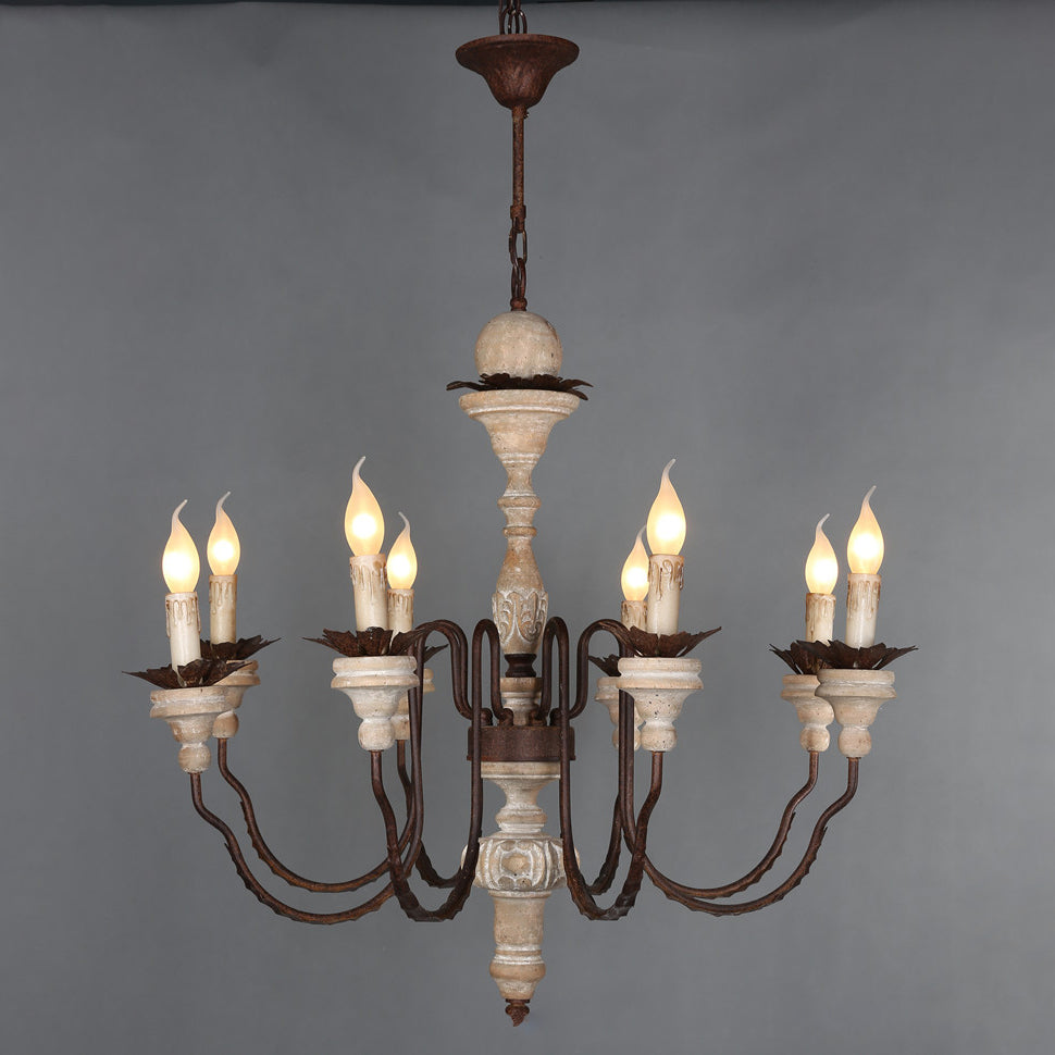 Traditional Rustic Curved Rod Candelabra Wooden Iron 6/8 Light Chandelier For Living Room