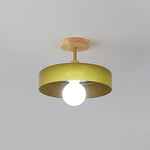 Modern Minimalist Round Wood Glass 1-Light Semi-Flush Mount Ceiling Light For Living Room