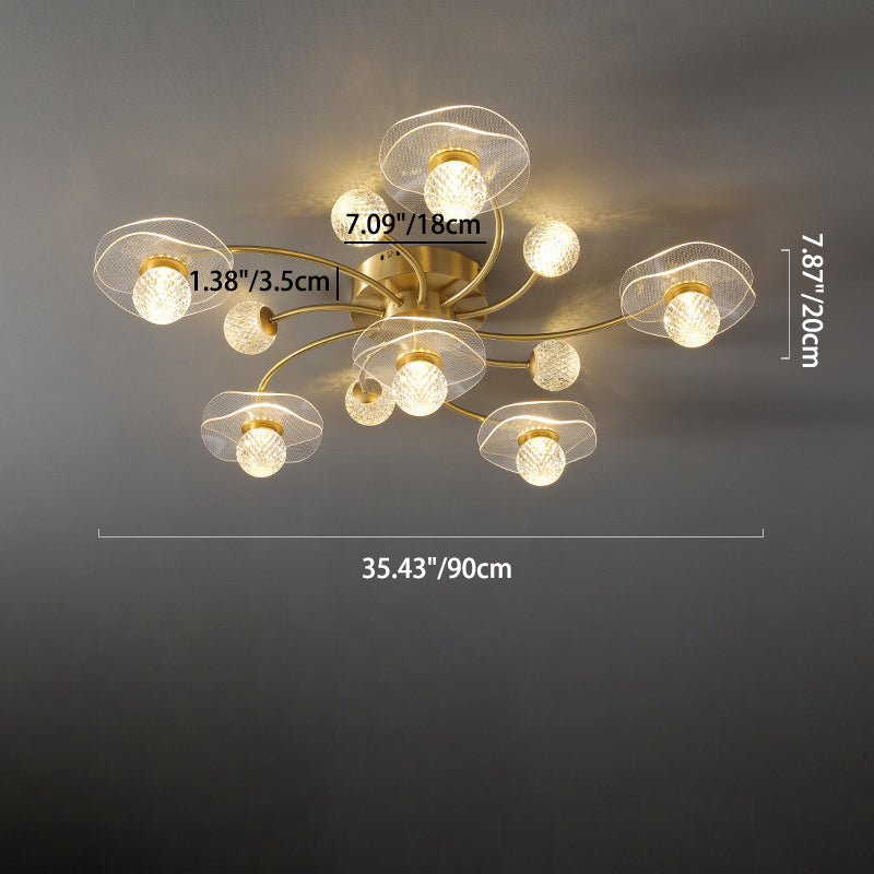 Modern Luxury Brass Acrylic Lotus Leaf Polyhedron Ball 5/11 Light Semi-Flush Mount Ceiling Light For Living Room