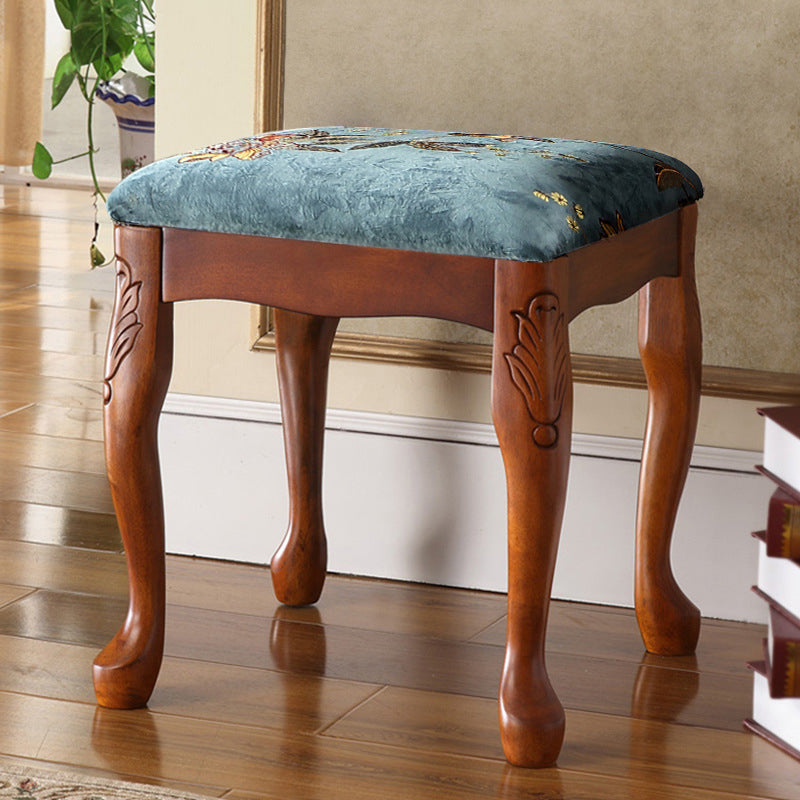 Traditional European Square Fabric Upholstered Wood Carved Frame Vanity Stool For Bedroom