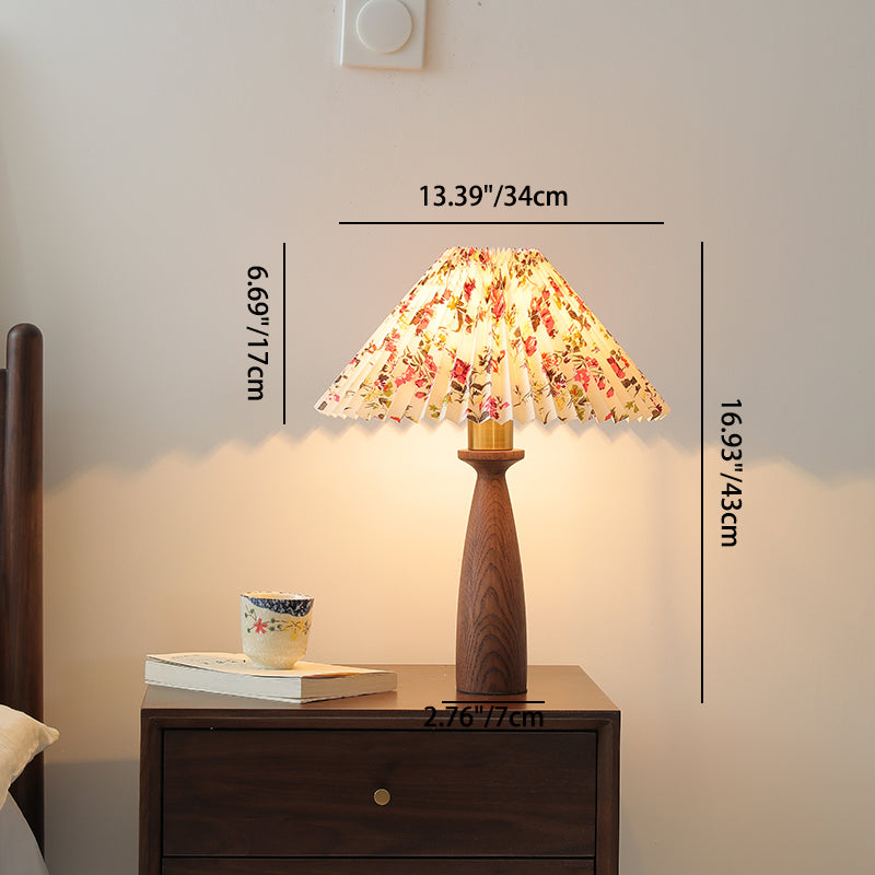 Traditional Vintage Conical Floral Wood Fabric 1-Light Table Lamp For Bedroom