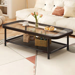 Modern Minimalist Rectangular Glass Carbon Steel Coffee Table 2-Tier For Living Room